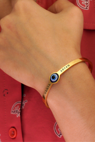 Gift for Couple - Matching Evil Eye Name Bracelets on couple's wrists